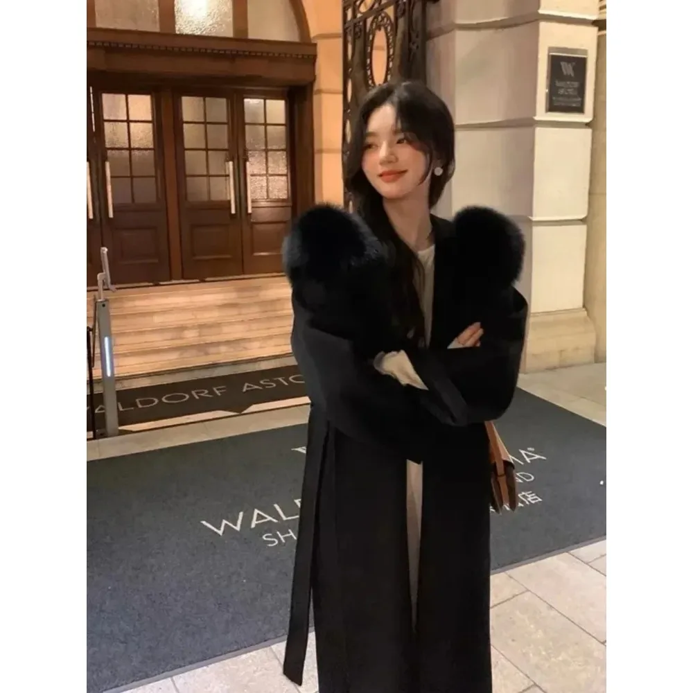 Women's Double Face Wool Coat Natural Fox Fur Coats Female Design Hooded Outerwear with Belt Business Office Elegant Winter Coat