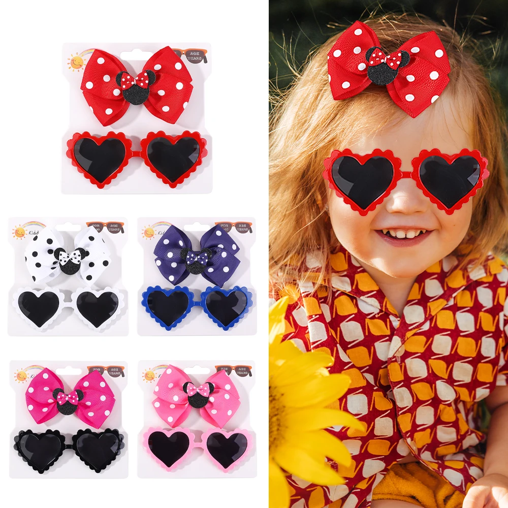 10set/lot Heart Sunglasses Baby Girl Cartoon Mouse Ear Bow Hair Clips Baby Boys Girls Seaside Metal Eyeglasses Kid Headwear