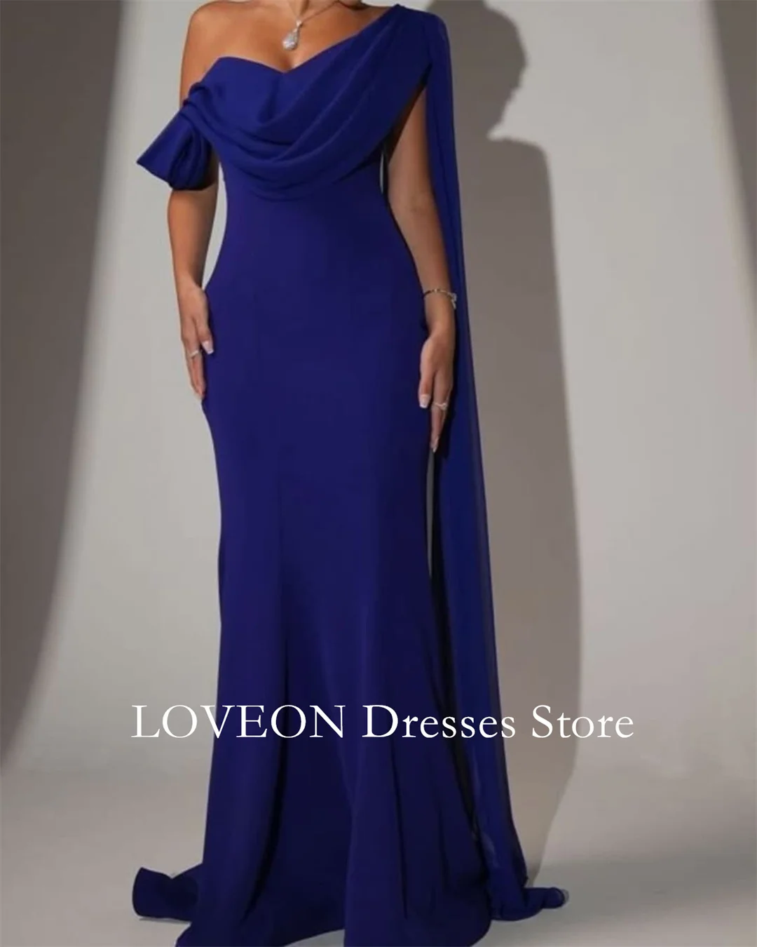 One- Shoulder Crepe Blue Formal Evening Dresses Pleat Long Sleeves  فساتين سهرة  Customized Elegant Prom Growns Party Women