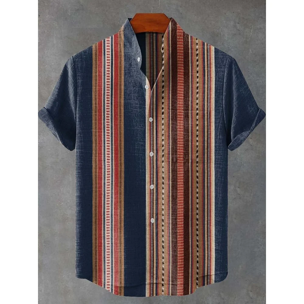 

Fashionable striped pattern men's short sleeved shirt printed shirt with ethnic style unique copywriting linen men's shirt