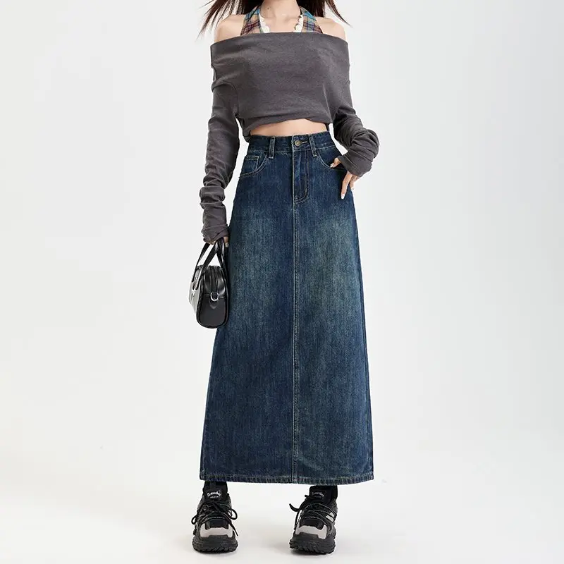 

Ретро-синяя джинсовая юбка с высокой талией для женщин, весна-осень 2026, новая модель, средней длины, облегающая, стройнящая фигуру