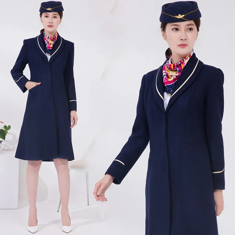 Air China volo Cappotto da hostess della compagnia aerea abito professionale Cappotto da assistente di volo invernale lungo uniforme cappotto di lana al ginocchio