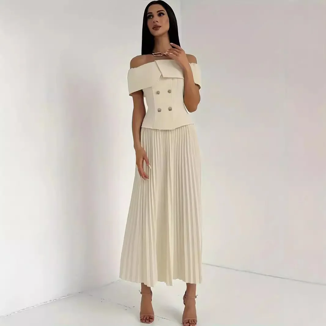 M3247 Women's Two-piece Elegant Front Button Off-Shoulder Top Pleated Long Skirt Set