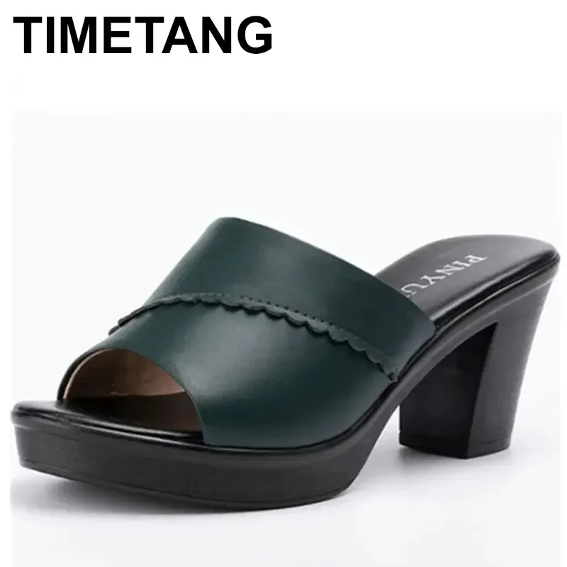 

2025 European summer leather women's slippers 8.5cm heel sandals sexy cowhide women's shoes size 35-41 shoes for women