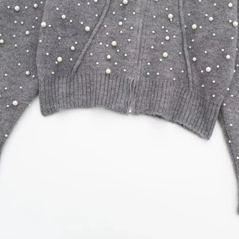 Women's Cardigan Sweaters Pearl Knitted Jackets Knitwear Long Sleeve Jumpers Knit Jackets 2024 Gray Woman Sweaters Jacket