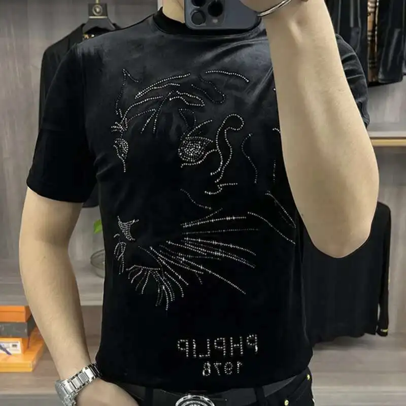 

2023 Summer Hot Drill Short Sleeve T-shirt Men Tide Brand Leisure Top Tshirt For Men Social Club Outfits Tee Shirt Homme Black