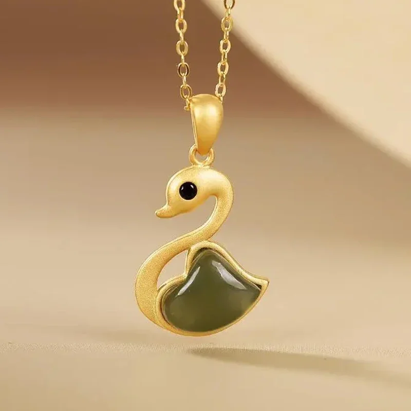

Оригинальный дизайн, натуральный зеленый халцедон, подвеска в виде лебедя, женское ожерелье в китайском стиле, античное свежее романтическое ювелирное изделие