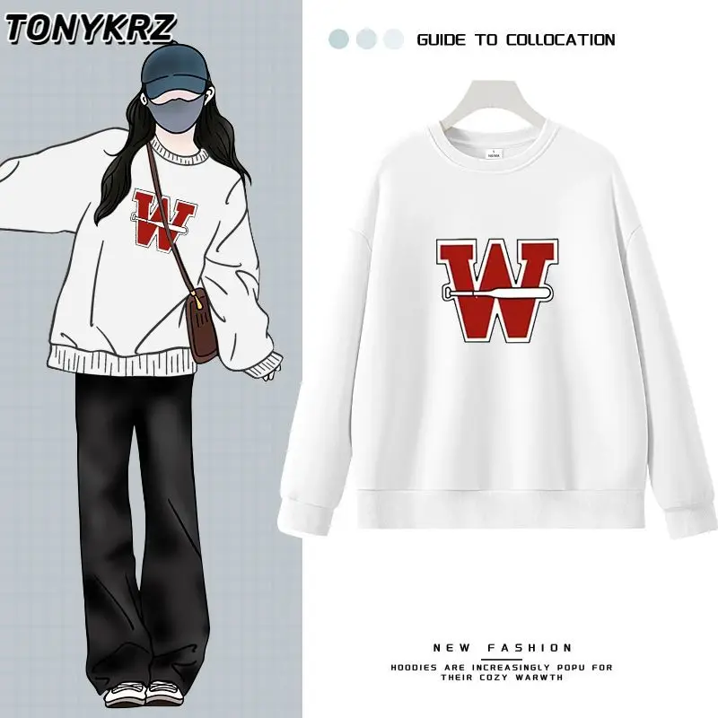 سويت شيرت فضفاض بقلنسوة برقبة دائرية للنساء، سترة علوية جديدة