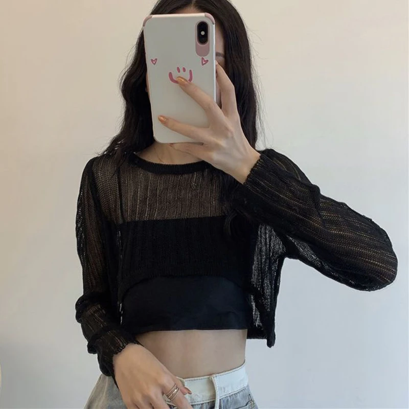 Hollow Out T Shirts Women Korean O Neck Loose Sunscreen Fashion All Match Tees Summer Long Sleeve Solid Thin Crop Tops