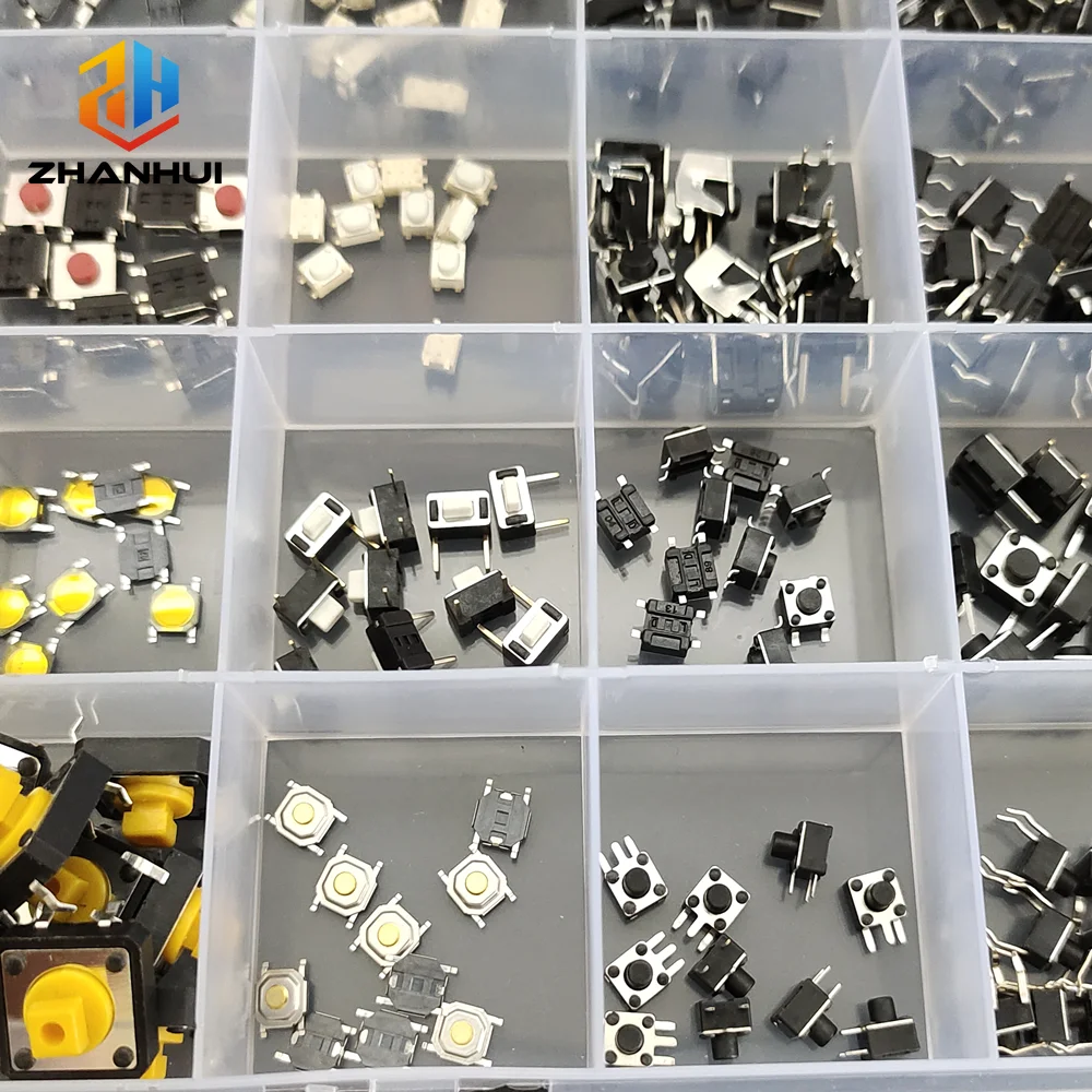 240Pcs 24 Types Tact Push Button Switch Assortment Kit SMD DIP Mini Reset Leaf Switch 2x4 3x6 4x4 6x6mm for DIY Electronics