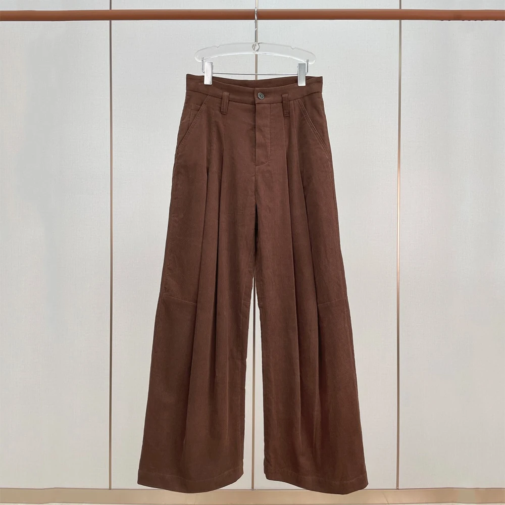 Women 100% Cotton Wide Leg Trousers High Waist Pleated Loose Floor-length Pants Brown Casual Baggy Pants For Female Streetwear