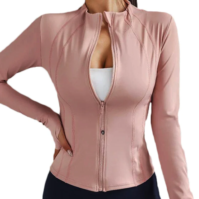Aiithuug Slim Fitting Sports Long Sleeve Full Zip Up Gym Shirt with Thumbhole Zipper Tops Women Fitness Workout Quick Dry Top
