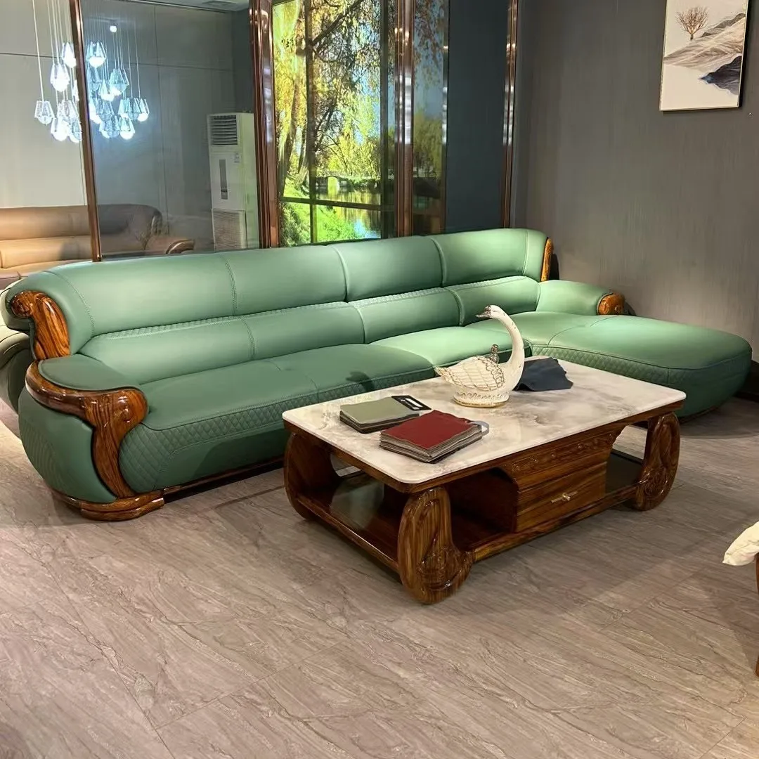 New Chinese ebony leather sofa corner modern luxury living room high-end first-layer cowhide sofa