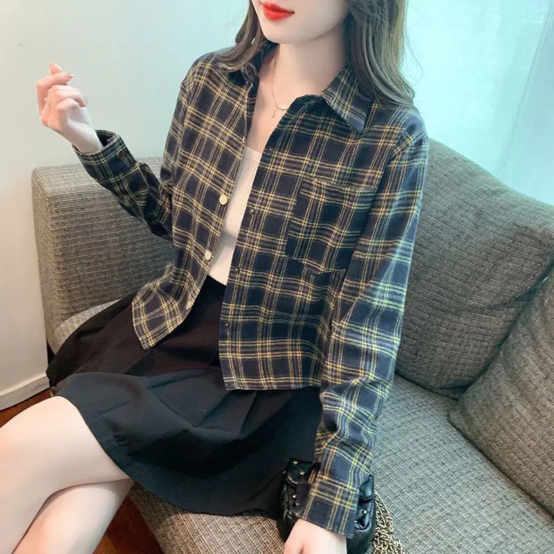 

Brushed Retro Plus Velvet Checkered Short Shirt Jacket Spring and Autumn New Style Long Sleeved Top Design Shirt