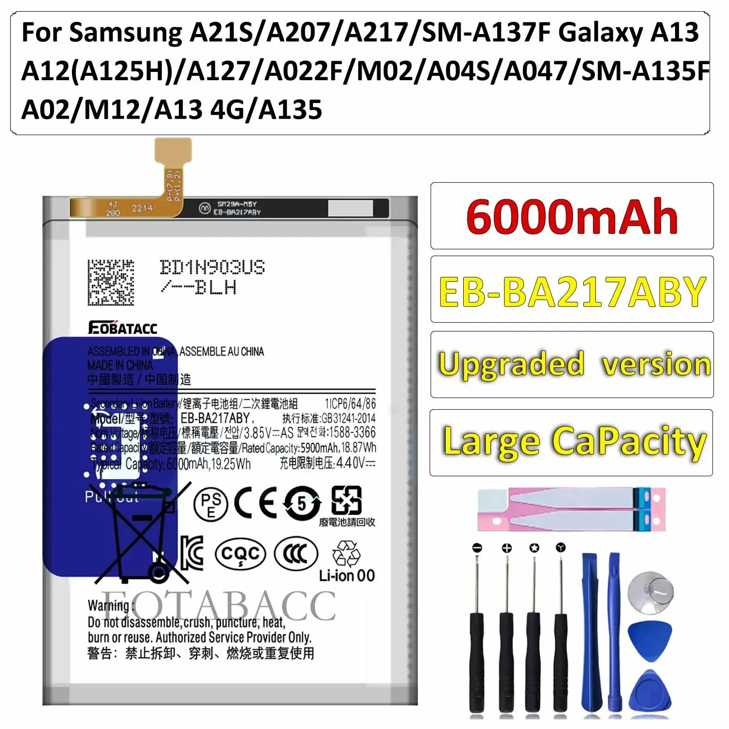 

EOTABACC 100% New Original Battery EB-BA217ABY 6000mAh For Samsung A21S/A207/A217/A12/A125H/A127/A022F/M02/M12 Battery +Tools