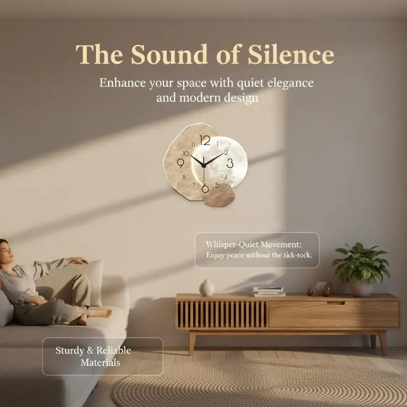 Minimalist Lunar Design Silent Wall Clock Non-Ticking for Bedroom Living Room Home Aesthetic Wall Decoration