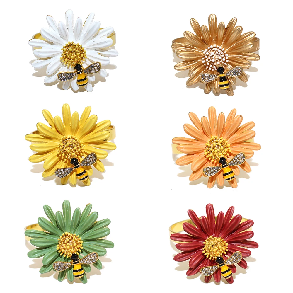 4Pcs Daisy Sunflower Napkin Rings Metal Bee Sunflower Napkin Ring Holders for Dinning Table Everyday Family Gatherings HWD14