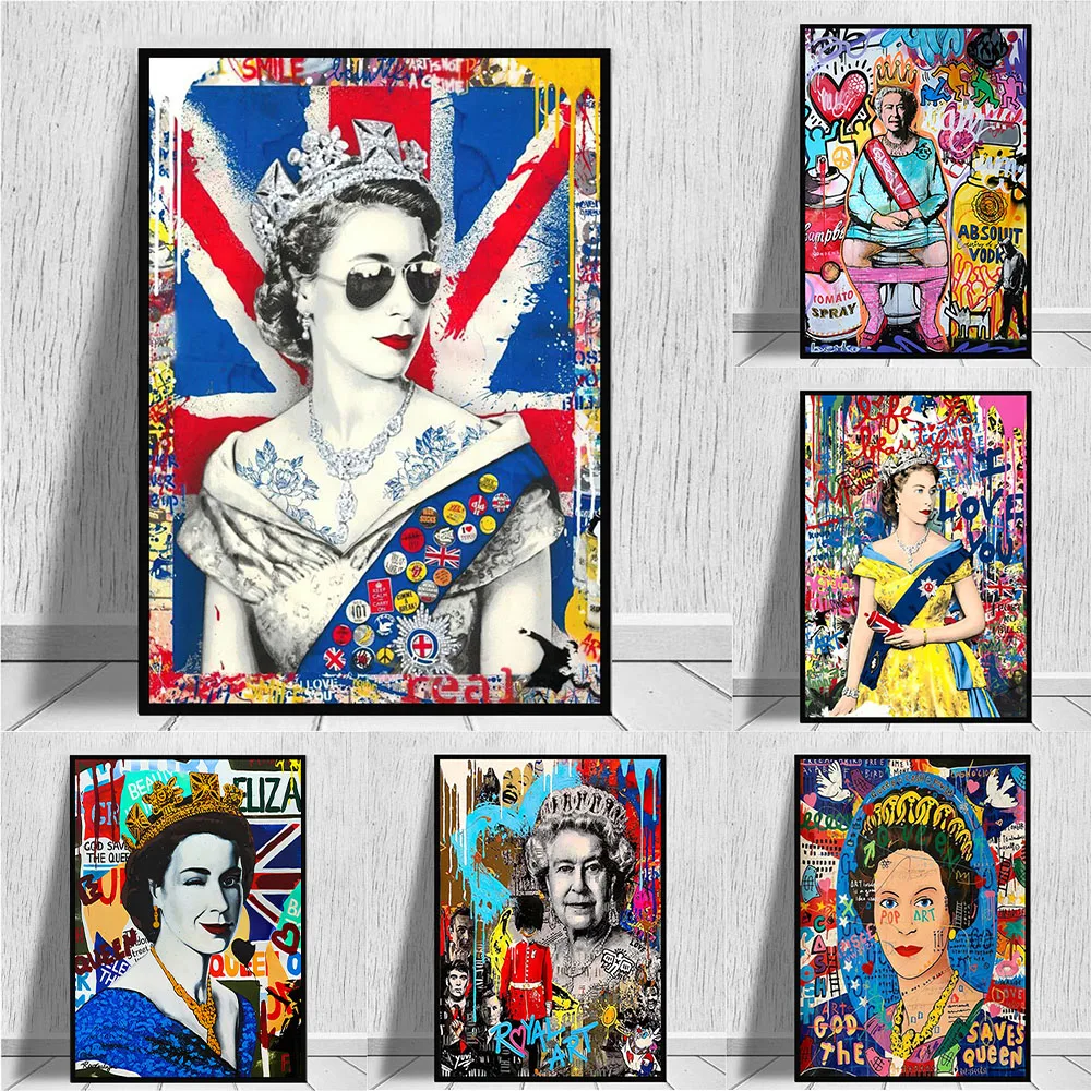 Pop Street Graffiti Abstract Wall Art Poster Queen Elizabeth Mural Modern Home Decor Canvas Picture Print Living Room Decorate