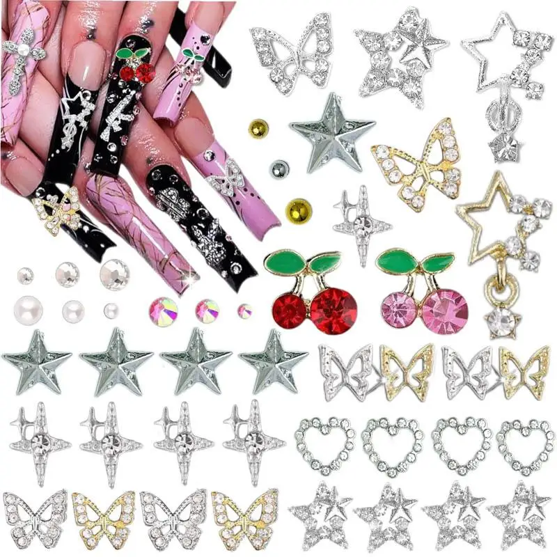 

1Box Exquisite Alloy Four-star Butterfly Nail Charms Simulated Cherry Star Rhinestones Inlaid Nail Art Decorations Handmade DIY