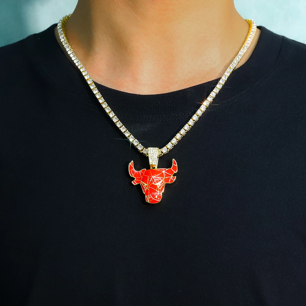 Iced Out Red Bull Pendant Necklace Match 4mm Bling Tennis Chain Animal Face Charm Stylish Jewelry for Men and Women Hip Hop