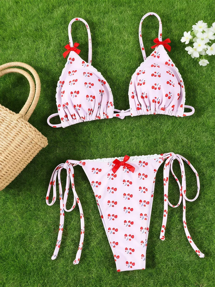 

Swimsuit 2026 Pink Cherry Bikini String Swimsuit Low Waist Beachwear Triangle Swimsuits Cute SwimwearWomen Beach Suit
