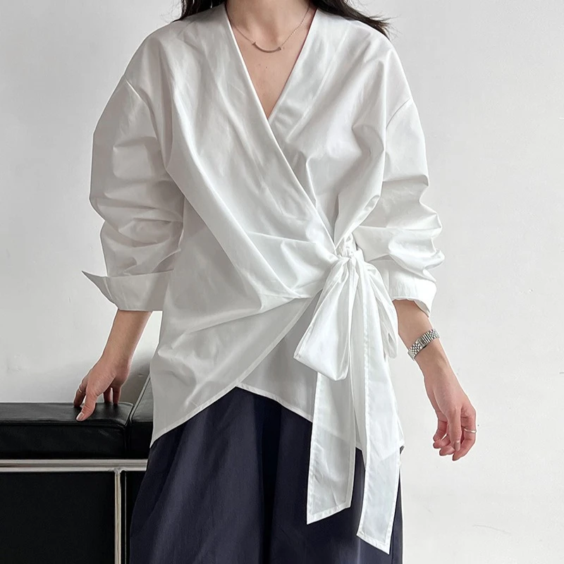 

Women Shirt Solid Blouses Asymmetric Lace Up Long Sleeves V Neck Cinched Waist None Strech Loose Fit Casual Office 2026 Autumn