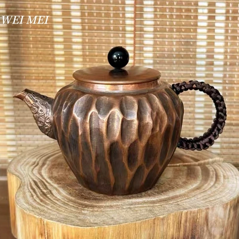 

Small-Sized Vintage Pure Copper Tea Pot,Camping Brewing Coffee,Woven Handle Hammer Texture Unique Shape Creative Pot Tableware
