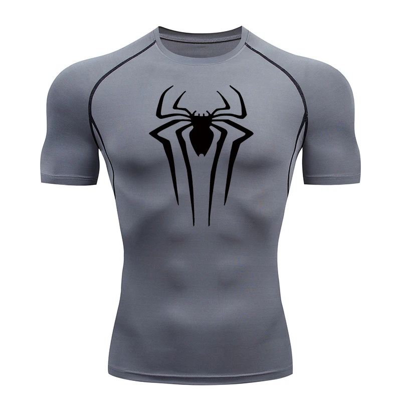 Kompressionsshirts mit Spinnen-Aufdruck für Herren, Sommer, kurzärmelig, Rashguard, Fitnessstudio, Workout, T-Shirt, sportlich, schnell trocknend, Unterhemden