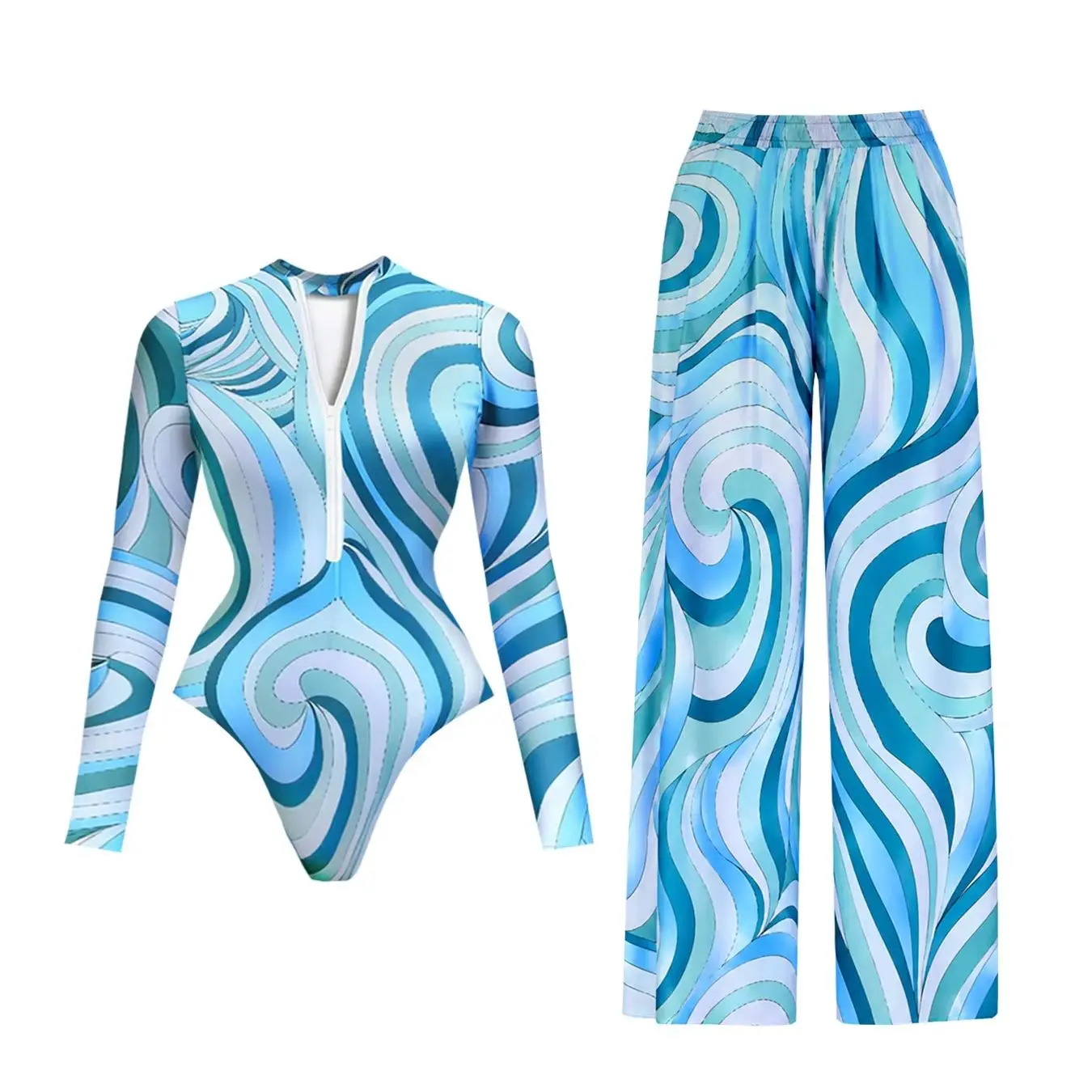 Long Sleeve Printed Swimwear Women One Piece Swimsuit With Pants Lady Sexy Swimming Suit Fashion Female Beachwear Pool Outfits