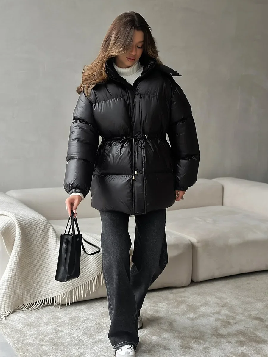 Fmxires 2025 Nuova giacca in cotone slim fit con coulisse Giacca invernale da donna in cotone con cerniera con cappuccio Comoda giacca da pane calda