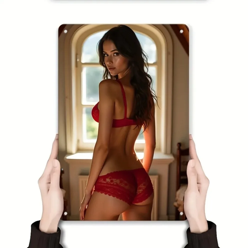 Glamorous Red Bikini Wall Art - 8x12 Inch Iron Sign with Elegant Woman in Lace Design