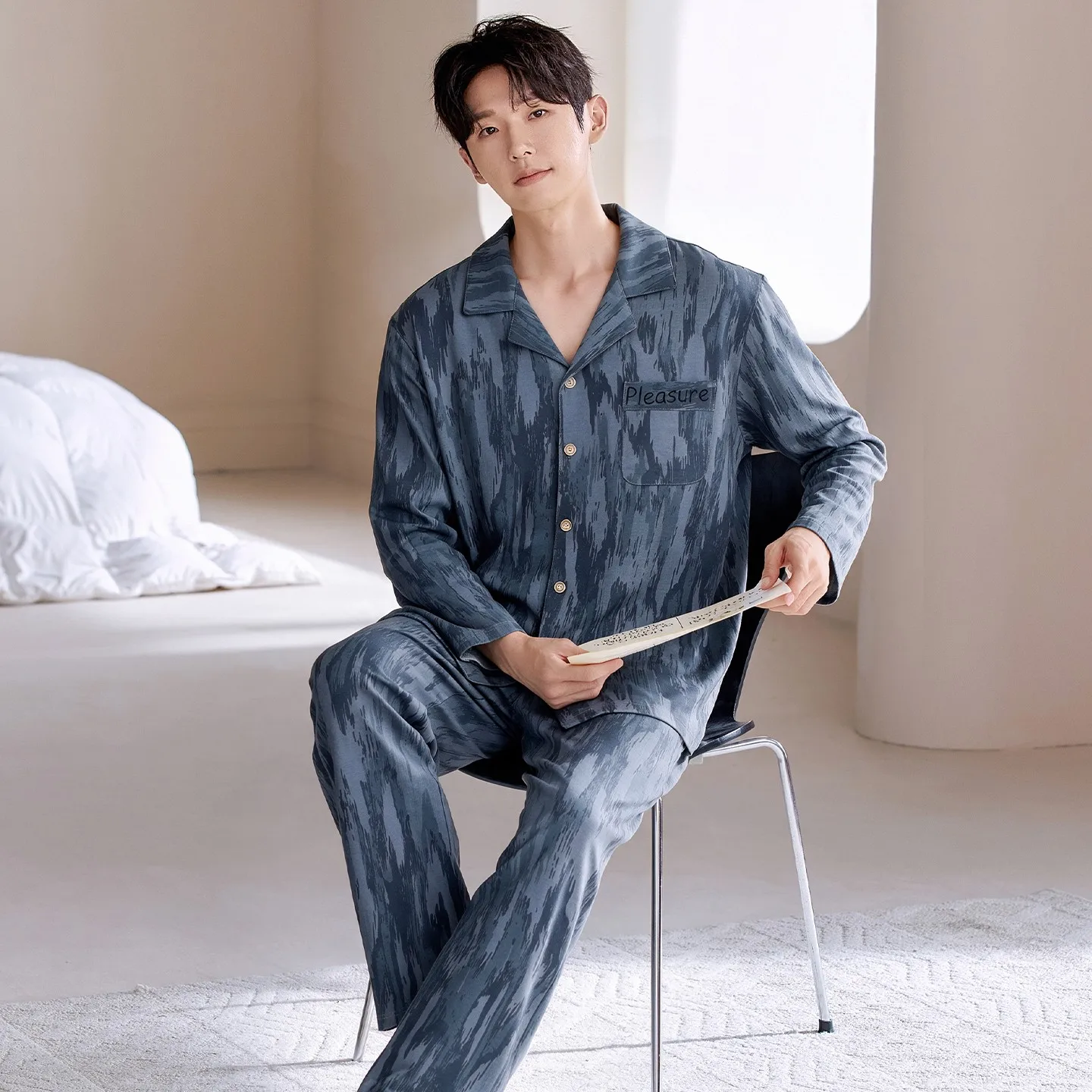 2026 Fall Cotton Casual Men's Long-Sleeve Collared Pajama Set Spring and Autumn Youth Loose Cardigan Homewear pyjama homme