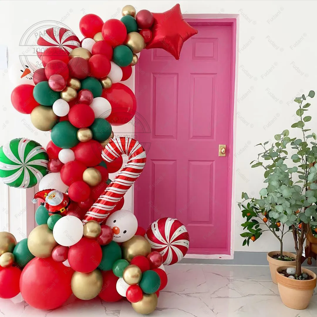 129pcs Red Green Balloons Arch Garland Kit White Gold Balls Star Candy Cane Foil Ballon Merry Christmas New Year Party Decors