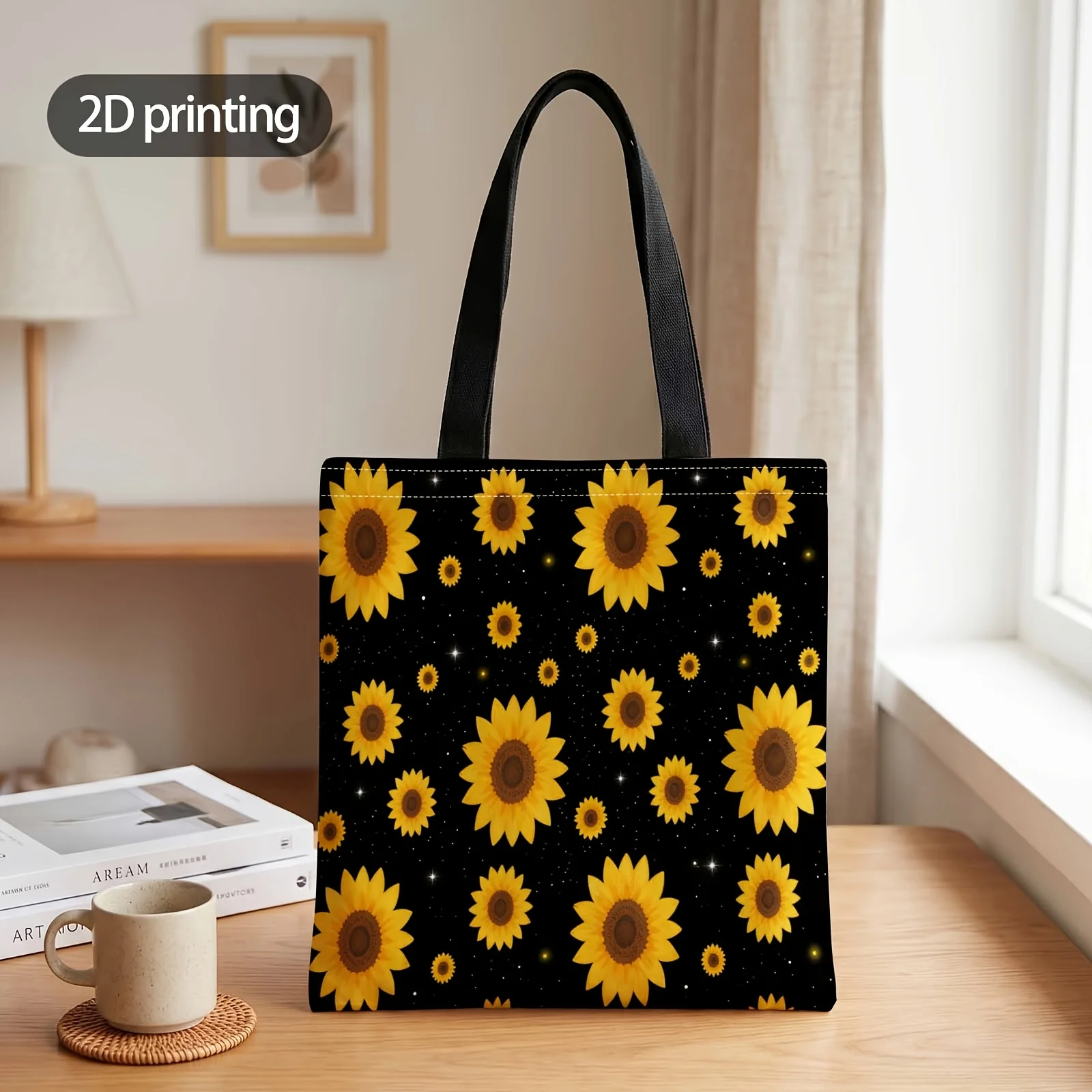 2D Printed Handbag with Sunflowers Among Stars Pattern, Reusable Fashion Shoulder Bag Shopping Tote Bag Suitable for Shopping Of