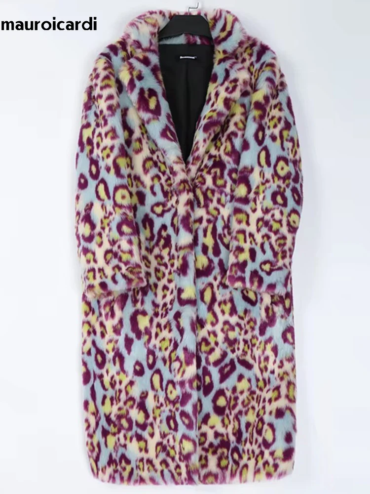 Mauroicardi Autumn Winter Long Thick Warm Soft Fluffy Colorful Leopard Print Faux Mink Fur Coat Women Luxury Designer Clothes