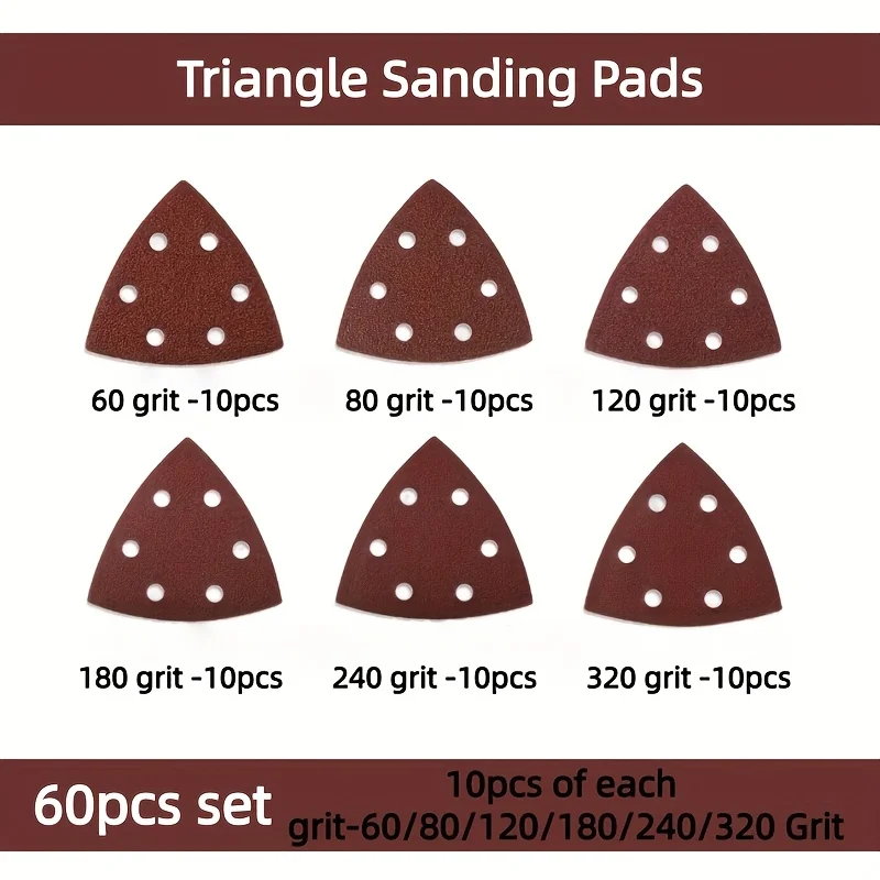 60Pcs 6‑Hole Mouse‑Shape Triangular Sandpaper Mixed 60‑320 Grit Sanding Pads for Delta Detail Sander Multi‑Tool Sander