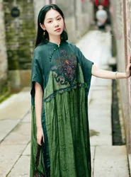 Luxury ramie robe green embroidery loose Short sleeve summer dresses  national style patchwork Plus Size party long dresses