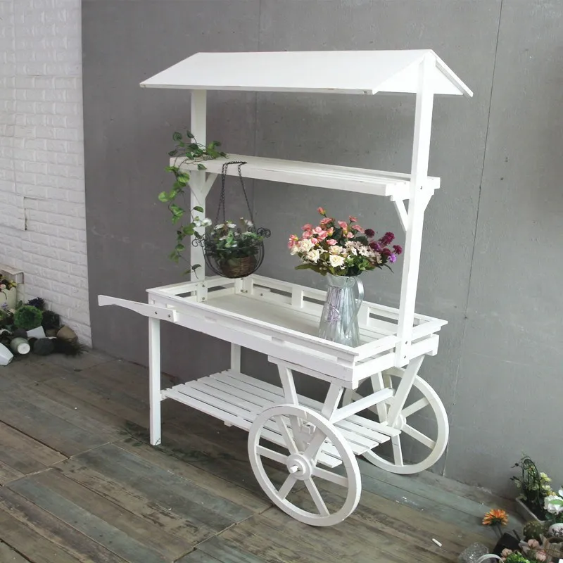 Pastoral flower stands, solid wood cart shelves, balcony storage shelves, shopping mall outdoor decoration ornaments