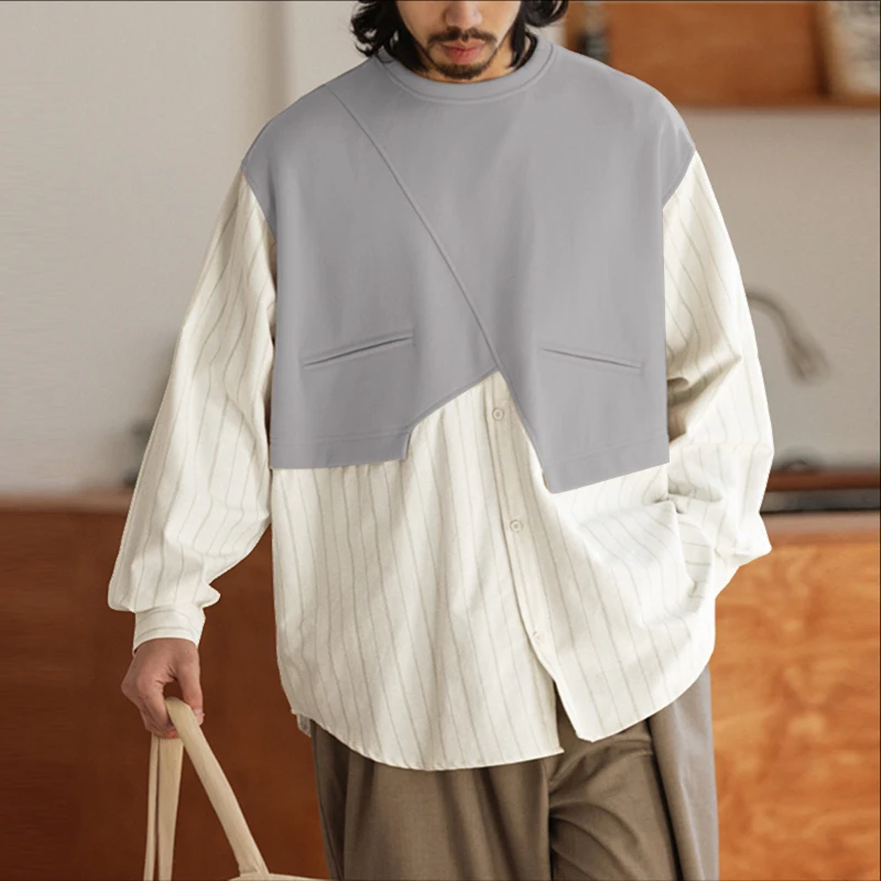 INCERUN Kemeja Pria Bergaris Patchwork Kerah O Lengan Panjang Oversize Pakaian Pria Streetwear 2025 Fashion Kasual Atasan Pria