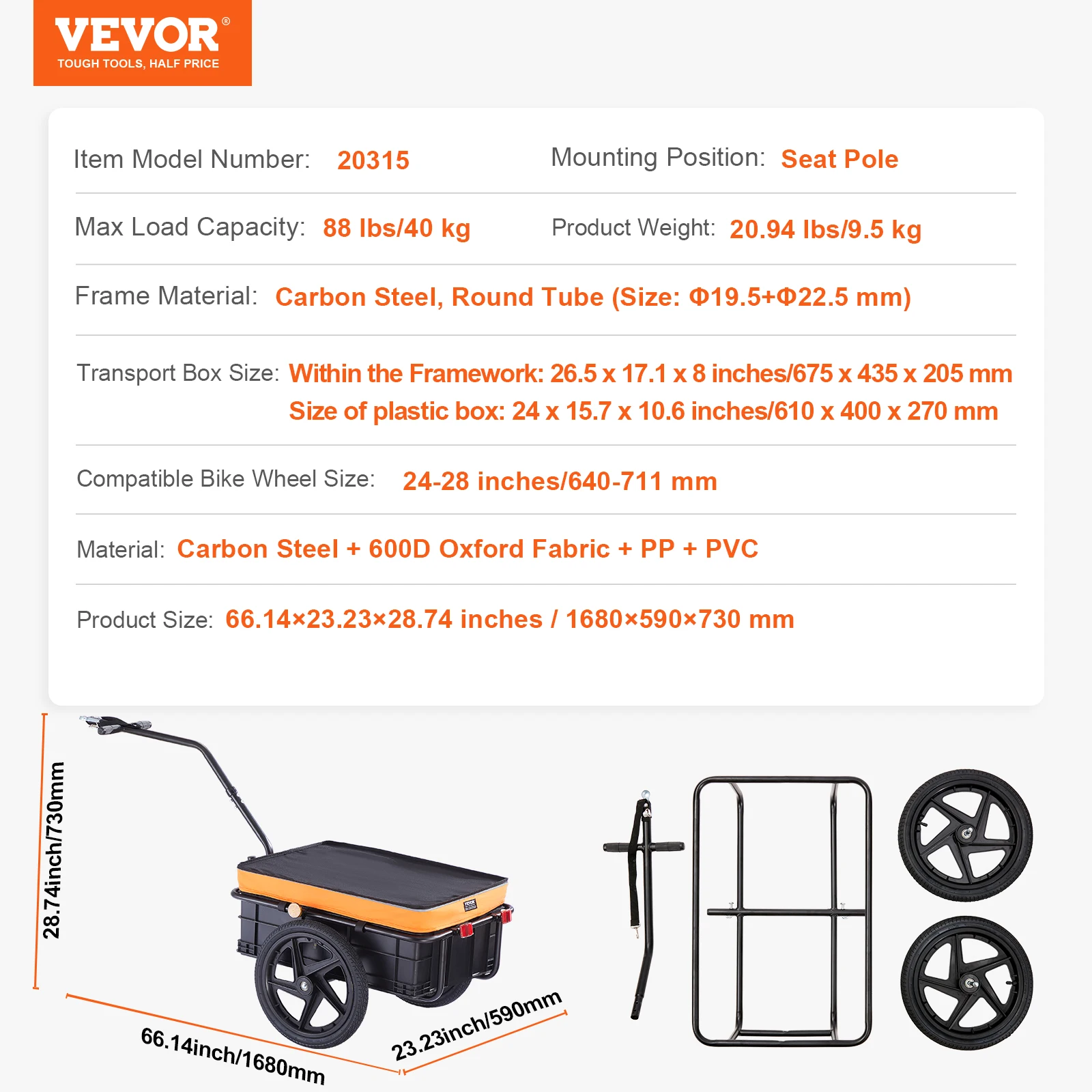 SucceBuy 88Lbs Bike Cargo Trailer Fietswagen Wagen Opvouwbare opslag met 16" wielen en veilige reflectoren Past op 24"-28" fietswielen - afbeelding 1