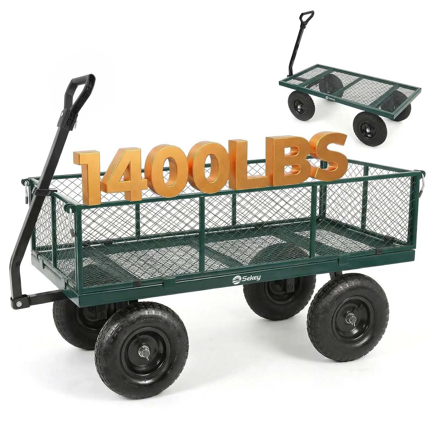 7.7 Cu Ft Steel Garden Cart, 1400 lb Capacity, Towable Handle