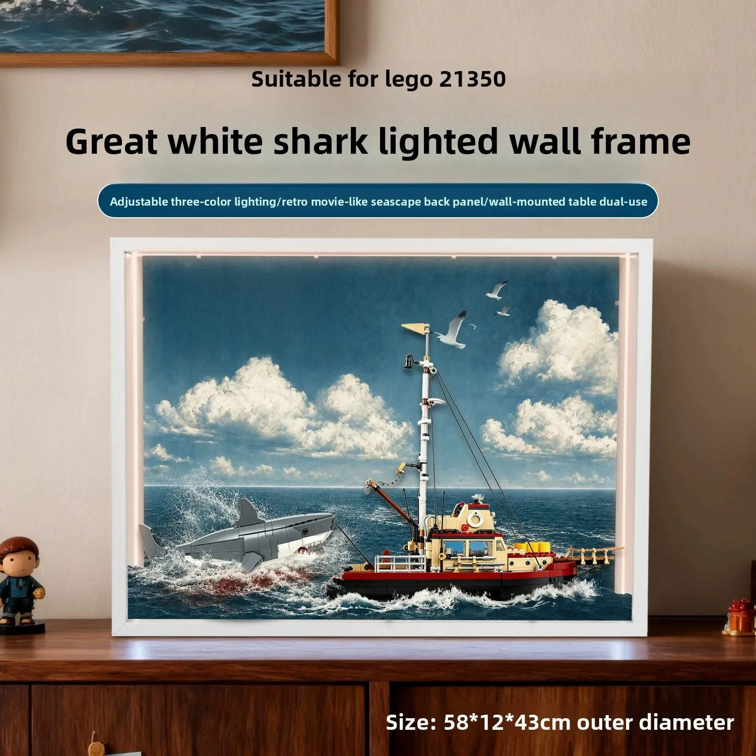 Wall‑Hanging Display Cabinet Storage Box with Light Effects for LEGO 21350 Great White Shark Model Building Blocks