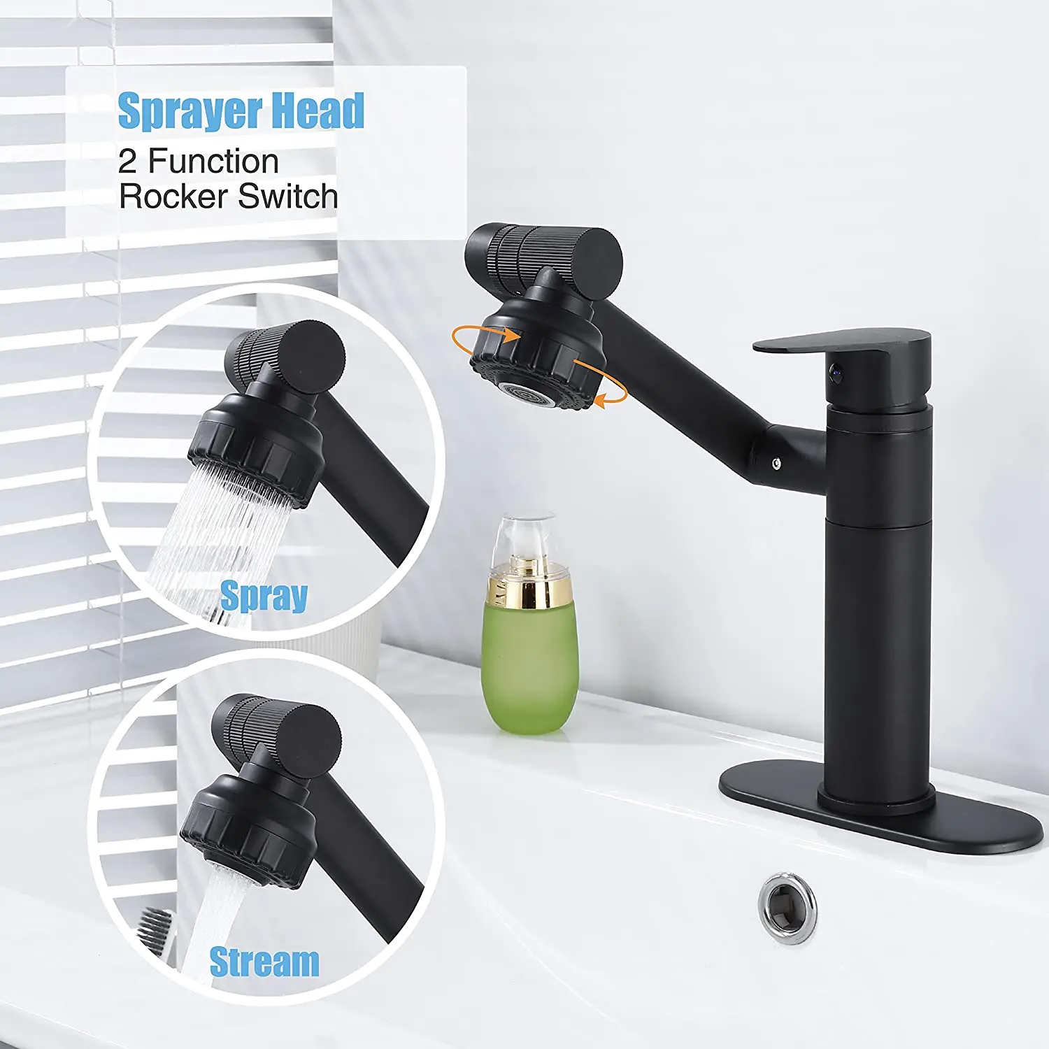 1080° Swivel Basin Faucet 2 Mode Splash Proof Water Tap Hot Cold Water Mixer Faucet Shower Head Aerators Tapware for Bathroom