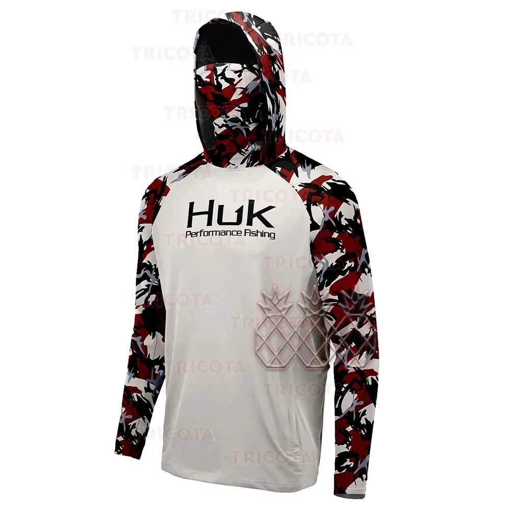 HUK UPF 50+ Long Sleeve Hooded Face Cover Fishing Shirts Quick Dry Sweatshirts Breathable UV Protection Men Fishing Jerseys