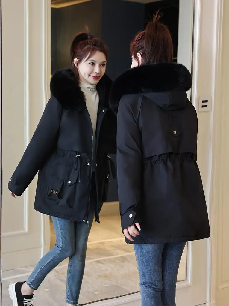 

Двусторонняя женская зимняя куртка-парка без пуговиц, с элементами минимализма, для активного отдыха, с начесом, эластичная, в стиле де-конструкт, теплая, с завязками, с покрытием