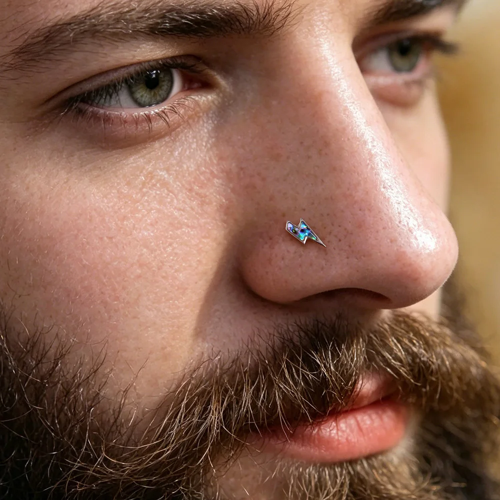 Casvort 1 Stück ASTM F136 Titan Flatback-Ohrring mit buntem Muschel-Flash-Push-Pin, Labret-Stud für Conch, Tragus, Helix, Medusa Piercing – Detail 4