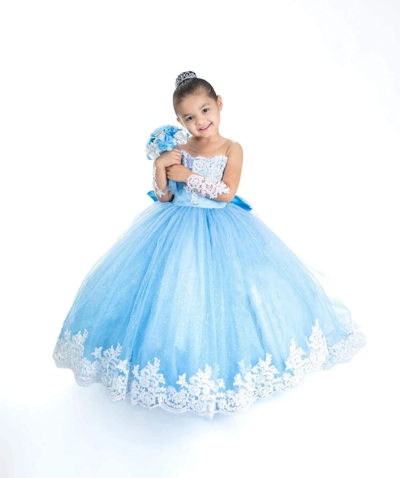 Sky Blue Dress for Flower Girl Long Sleeves Princess Pageant Dress Toddlers Lace Tulle First Communion Wedding Party Ball Gowns