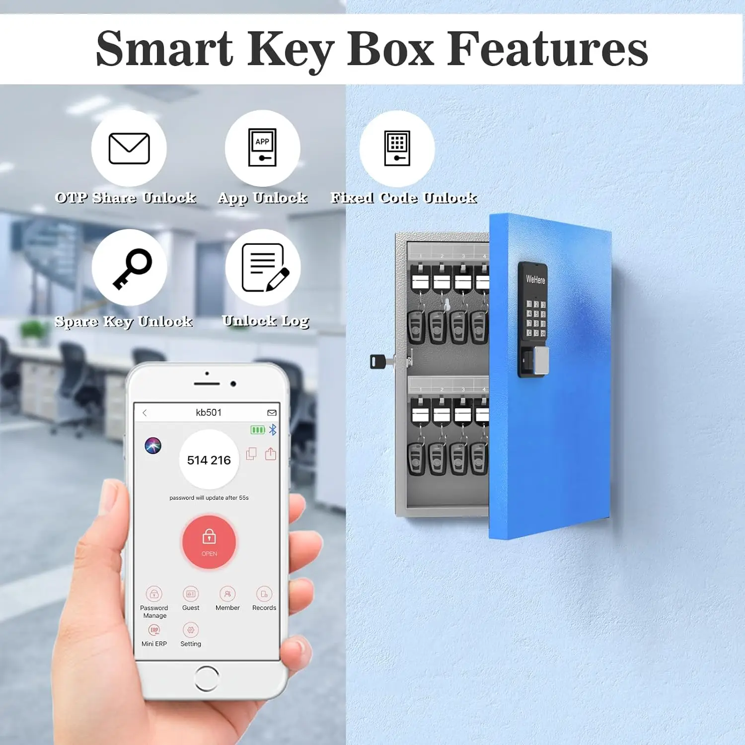 WeHere 32 Key Safe Box, Intelligent Wall Mounted Key Storage Cabinet,OTP/APP Bluetooth/fixed Code Unlocking Key Management Safe