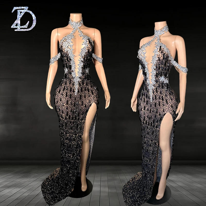 ZD مثير عميق الخامس الرقبة الرسن ثوب مسائي مع شبكة شفافة وأحجار الراين تألق بالإضافة إلى حجم فستان السيدات حجر الراين #1