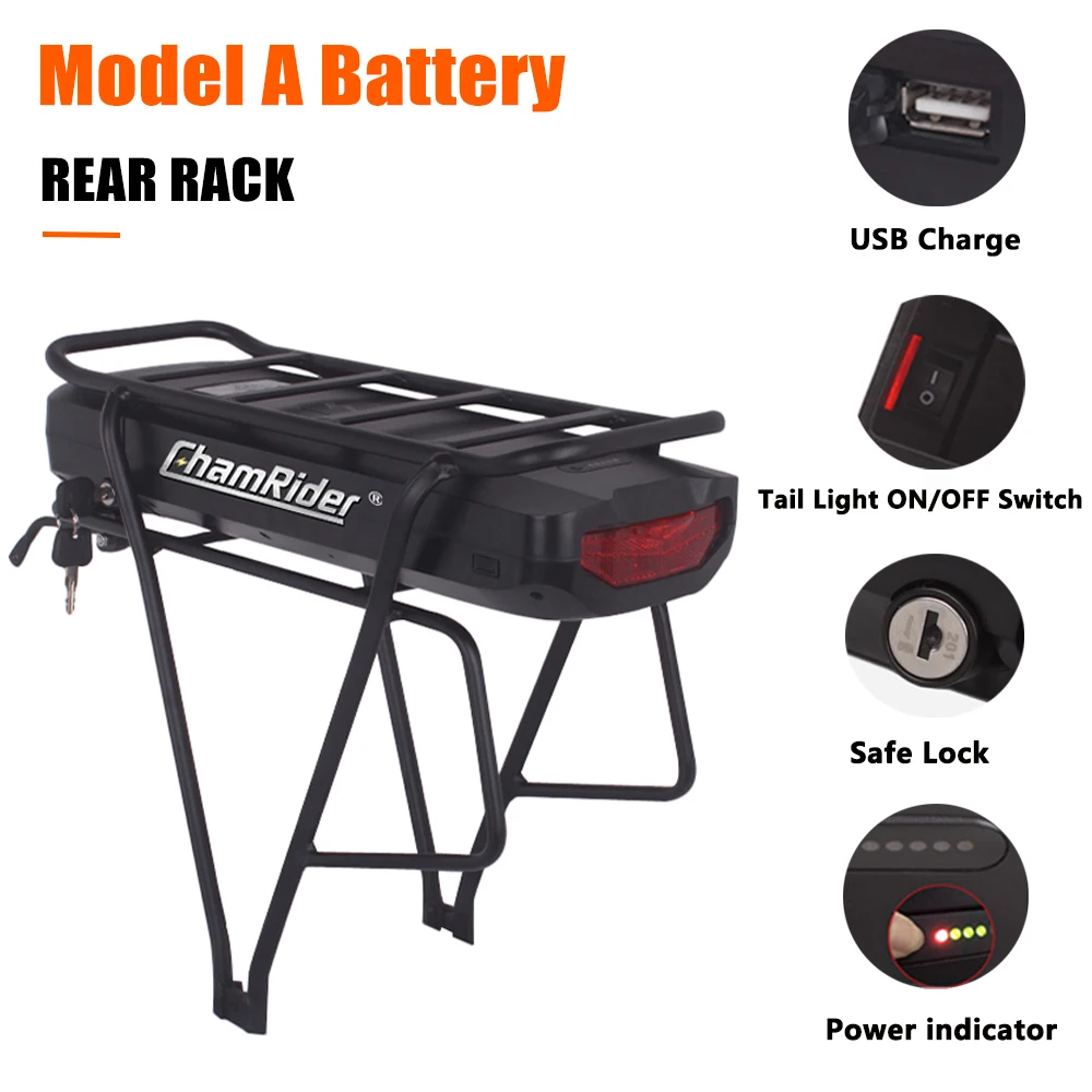 ChamRider Rear Rack Battery 48V 52V Electric Bike Battery 36V 21700 Cell 50A BMS MTB Lithium Battery Powerful Capacity